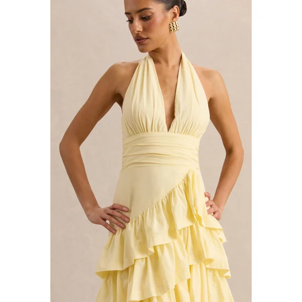 Velora | Robe mi-longue citron asymétrique avec jupe à volants superposés