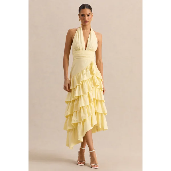 Velora | Robe mi-longue citron asymétrique avec jupe à volants superposés