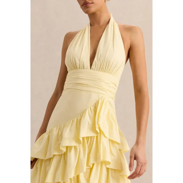 Velora | Robe mi-longue citron asymétrique avec jupe à volants superposés