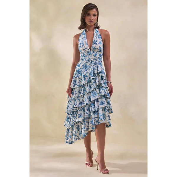 Velora | Robe mi-longue à imprimé porcelaine bleu avec jupe volantée à étages et encolure asymétrique