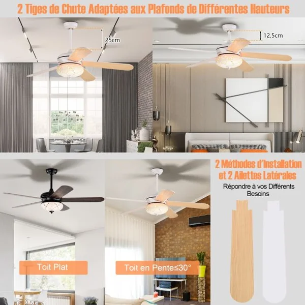 Ventilateur de Plafond 132 cm 3 Vitesses Minuterie 1-8H 5 Pales Réversibles Télécommande 2 Tiges Descendantes Blanc