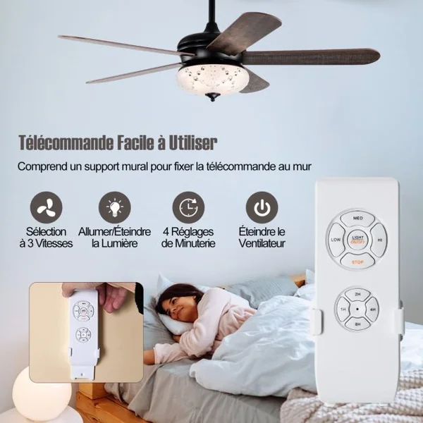 Ventilateur de Plafond 132 cm 3 Vitesses Minuterie 1-8H 5 Pales Réversibles Télécommande 2 Tiges Descendantes Noyer Rouge