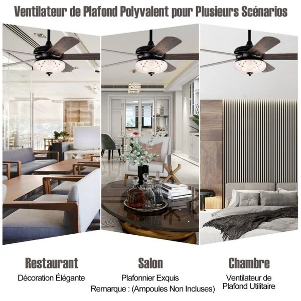 Ventilateur de Plafond 132 cm 3 Vitesses Minuterie 1-8H 5 Pales Réversibles Télécommande 2 Tiges Descendantes Noyer Rouge