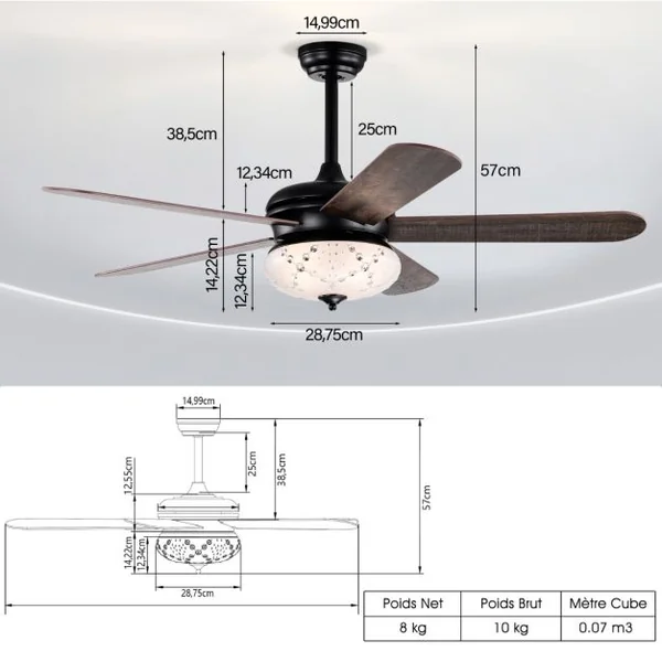 Ventilateur de Plafond 132 cm 3 Vitesses Minuterie 1-8H 5 Pales Réversibles Télécommande 2 Tiges Descendantes Noyer Rouge