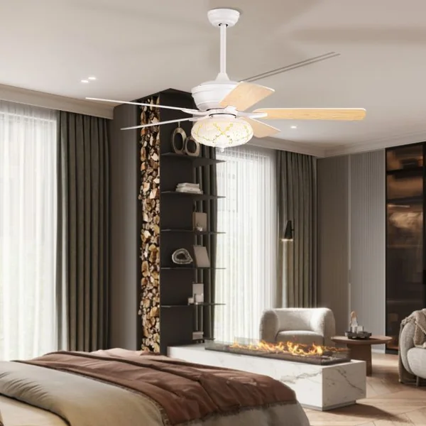 Ventilateur de Plafond Silencieux avec Lumière LED 132cm Moteur Réversible 5 Pales 3 Vitesses Minuterie Décoration Style Rétro Blanc