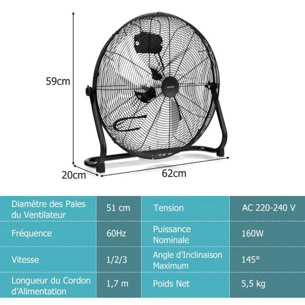 Ventilateur de Sol 51 cm à 3 Vitesses 160W Ventilateur Industriel avec Angle D'inclinaison Réglable à 145° Noir