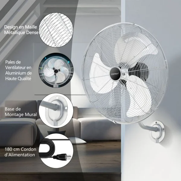 Ventilateur Mural Industriel 51 cm 120W 3 Vitesses Ventilateur Pales en Aluminium Tête d'Inclinaison Réglable à 30° Oscillation à 85° Argent