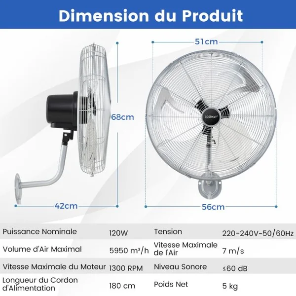 Ventilateur Mural Industriel 51 cm 120W 3 Vitesses Ventilateur Pales en Aluminium Tête d'Inclinaison Réglable à 30° Oscillation à 85° Argent