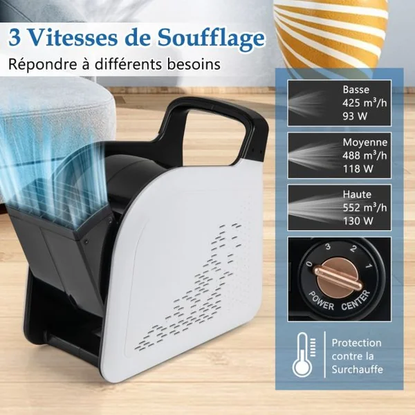 Ventilateur Soufflant à Haute Vitesse 3 Vitesses Ventilateur Portable avec Tête Pivotante à 185° 130 W 552 M³/H 2 Prises CA