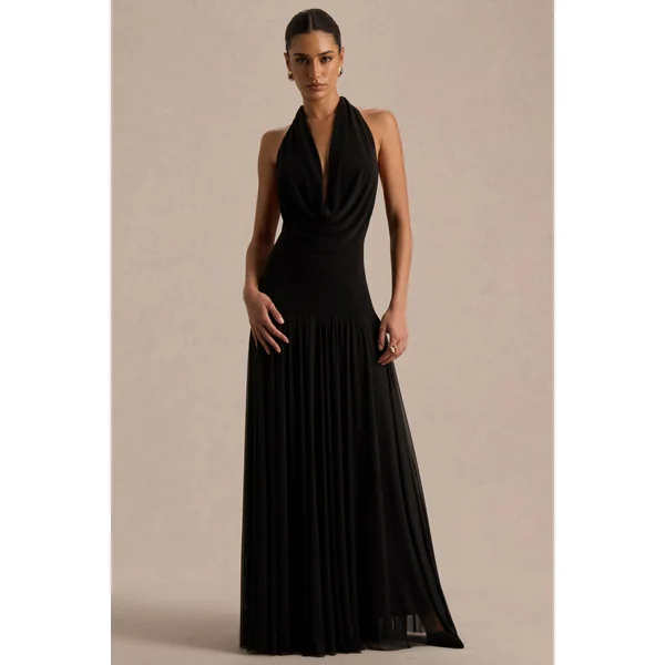 Verity | Robe longue noire à encolure drapée avec jupe transparente