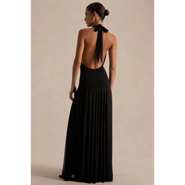 Verity | Robe longue noire à encolure drapée avec jupe transparente