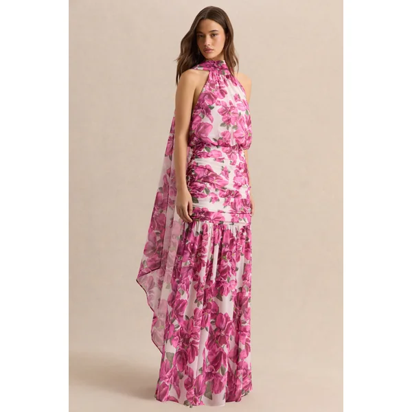 Veronique | Robe longue dos-nu à imprimé floral hibiscus rose