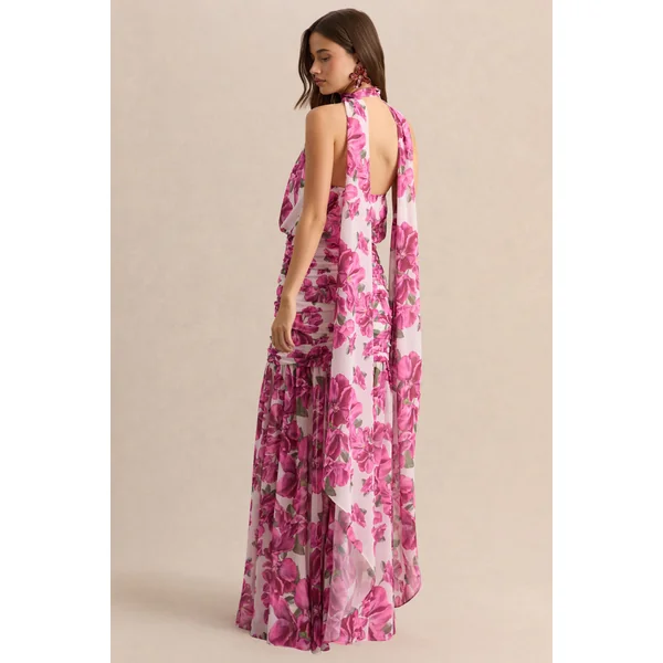 Veronique | Robe longue dos-nu à imprimé floral hibiscus rose