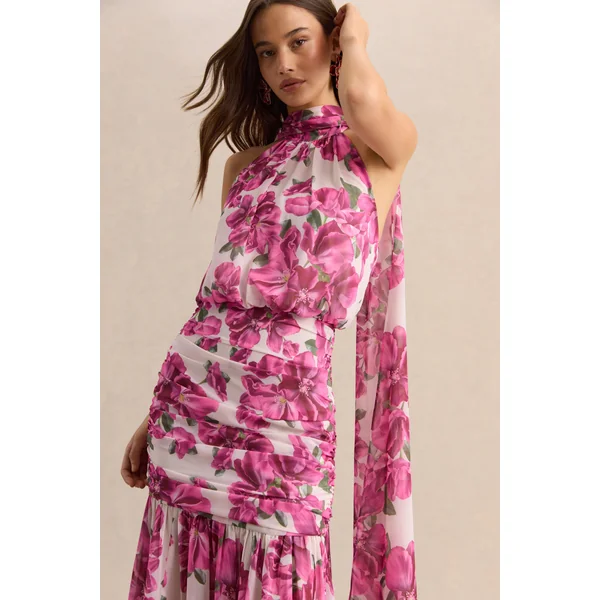 Veronique | Robe longue dos-nu à imprimé floral hibiscus rose
