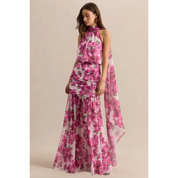 Veronique | Robe longue dos-nu à imprimé floral hibiscus rose