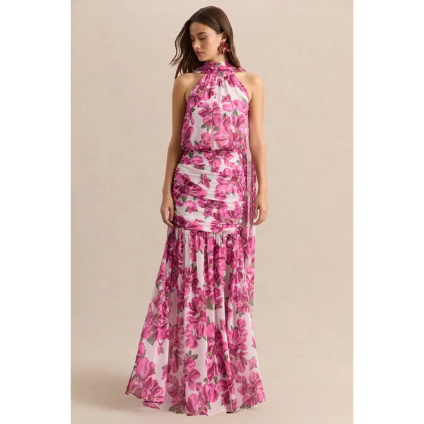 Veronique | Robe longue dos-nu à imprimé floral hibiscus rose