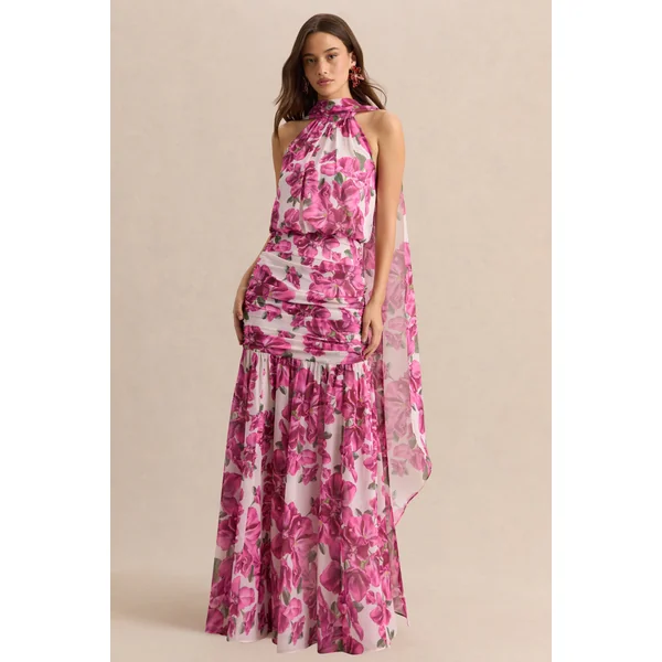 Veronique | Robe longue dos-nu à imprimé floral hibiscus rose