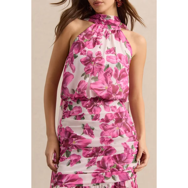 Veronique | Robe longue dos-nu à imprimé floral hibiscus rose