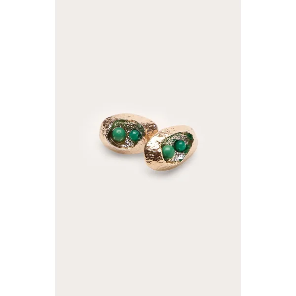 Vert Boucles D'oreilles Clous Ovales Texturées Dorées Avec Perle De Jade