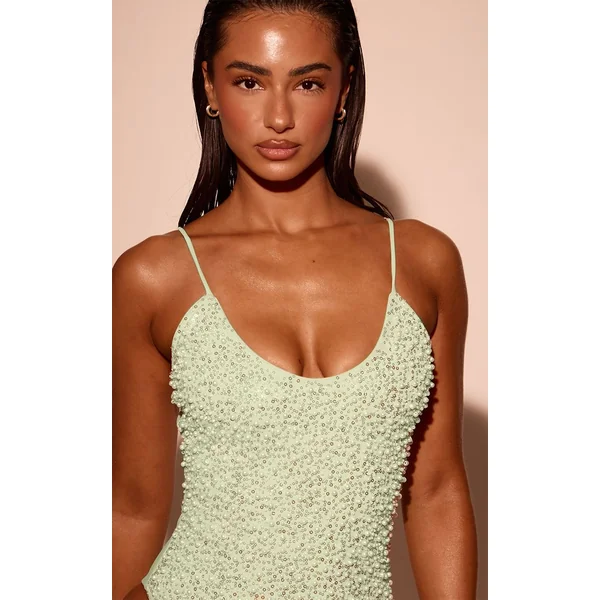 Vert Citron Maillot De Bain Échancré À Sequins Ornementés