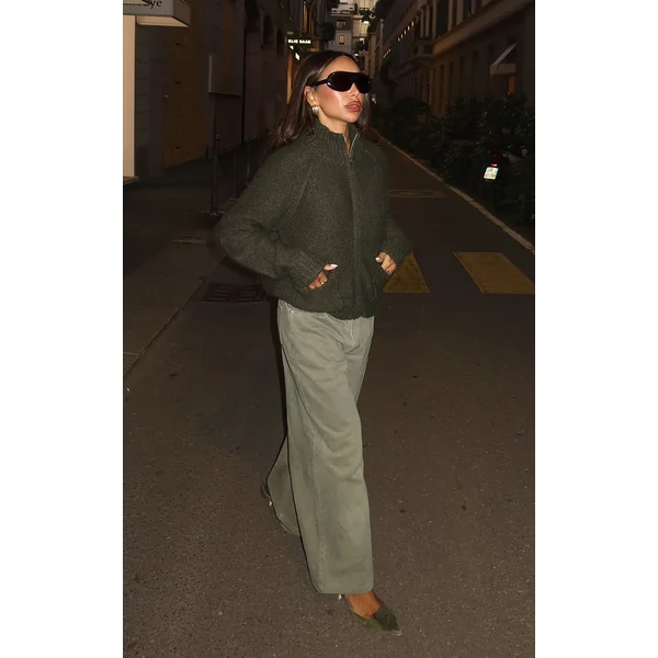 Vert Olive Cardigan En Maille Zippé Avec Détail De Poches