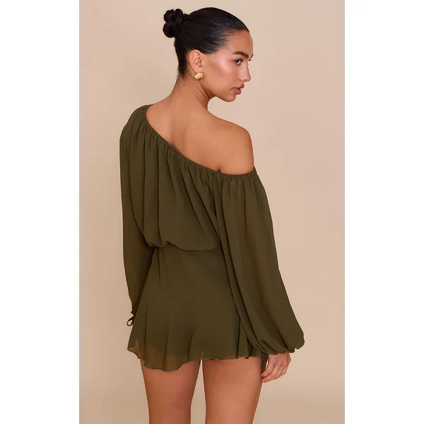 Vert Olive Combi-short Jupe-culotte En Mousseline Vert Foncé À Une Épaule Avec Détail Flottant