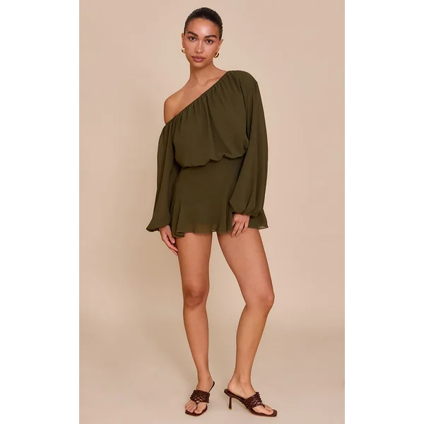 Vert Olive Combi-short Jupe-culotte En Mousseline Vert Foncé À Une Épaule Avec Détail Flottant