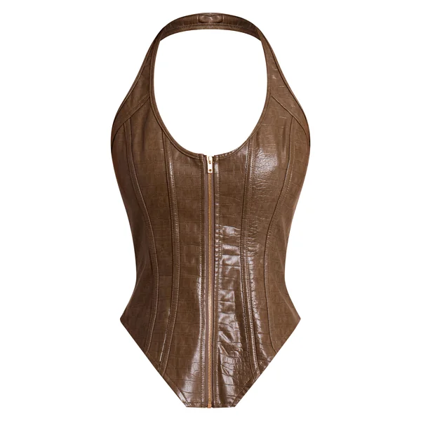 Vert Olive Corset À Ourlet Plongeant Avec Baleines En Synthétiquecuir Effet Croco