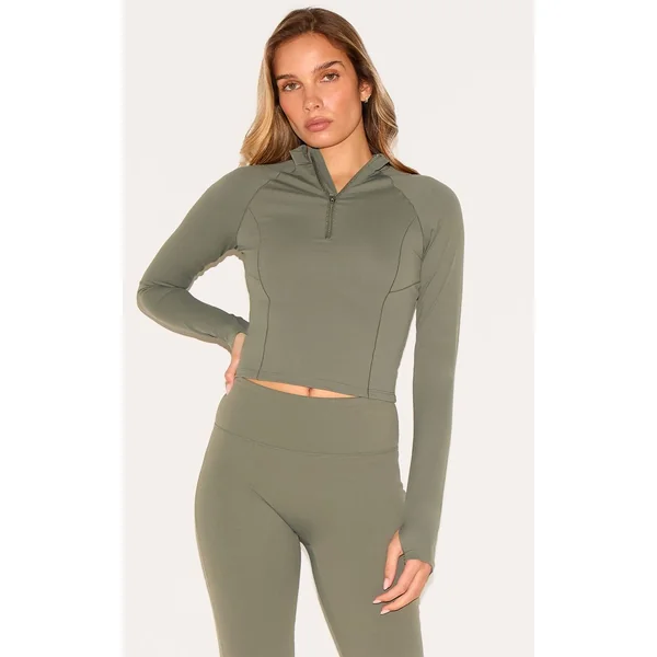 Vert Olive Haut De Sport Sculptant À Fermeture Éclair Quart