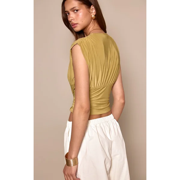 Vert Olive Haut Long Drapé Plongeant À Double Couche Slinky Doré