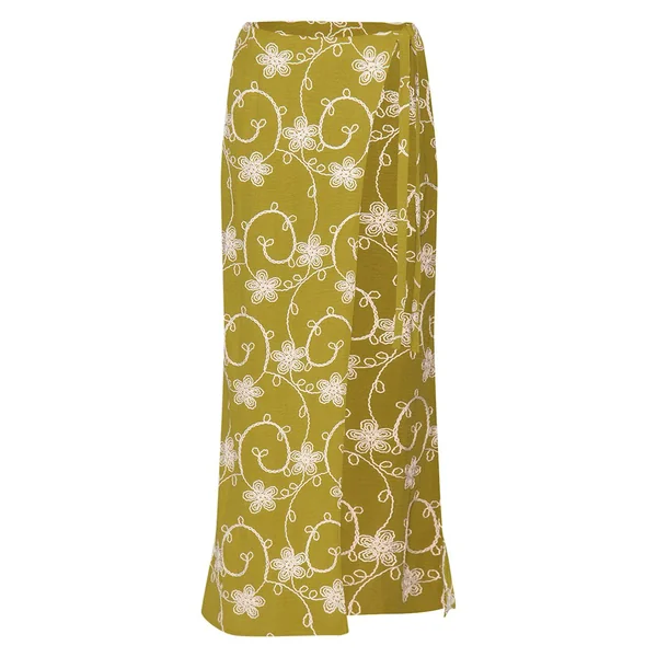 Vert Olive Jupe Longue Co-ord À Détails De Broderie Florale Sur Les Bordures