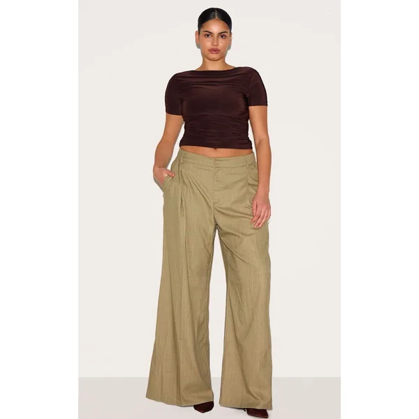 Vert Olive Pantalon Droit Tailleur À Rayures Tennis Tissé Premium Plus