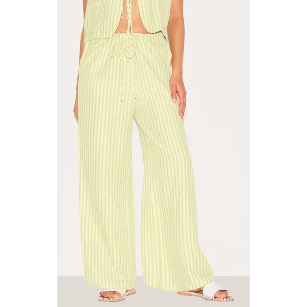 Vert Olive Pantalon Large Tissé À Rayures Petite