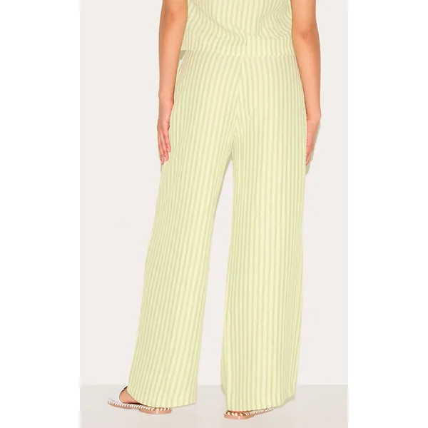 Vert Olive Pantalon Large Tissé À Rayures Petite
