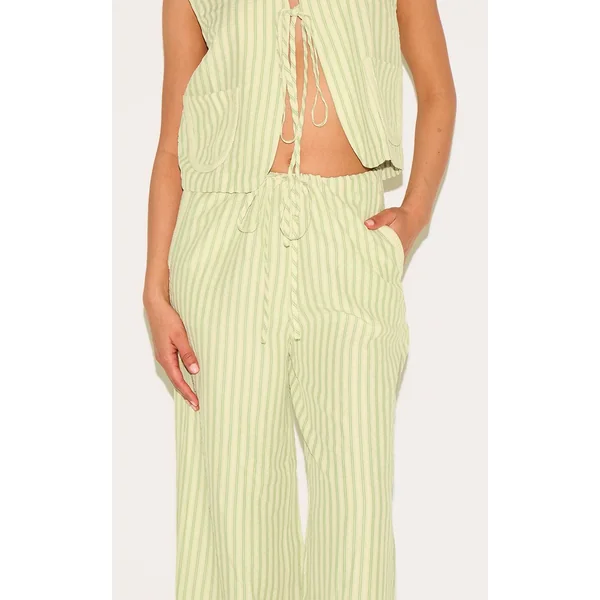 Vert Olive Pantalon Large Tissé À Rayures Petite