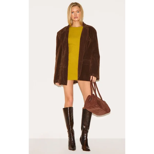 Vert Olive Robe Courte En Maille Côtelée