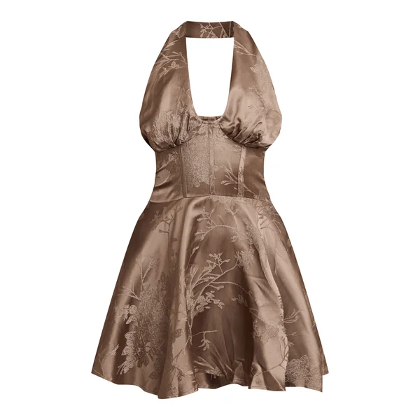 Vert Olive Robe Droite Courte En Jacquard Satiné