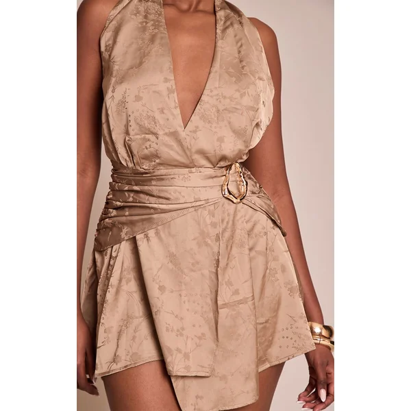 Vert Olive Robe Droite Courte En Satin Jacquard Avec Détails De Bordure