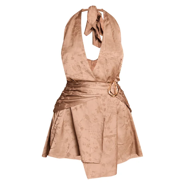 Vert Olive Robe Droite Courte En Satin Jacquard Avec Détails De Bordure
