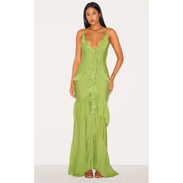 Vert Olive Robe Maxi Texturée À Volants Pour Grande Taille