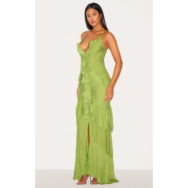 Vert Olive Robe Maxi Texturée À Volants Pour Grande Taille