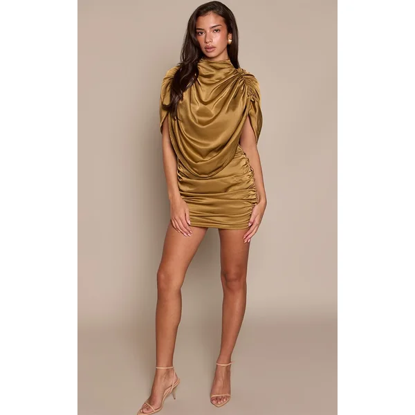Vert Olive Robe Mini En Satin Froncé Avec Superposition