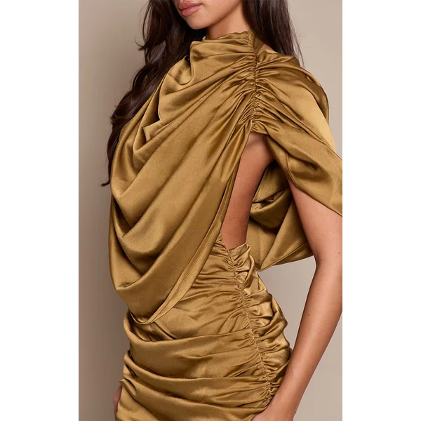 Vert Olive Robe Mini En Satin Froncé Avec Superposition