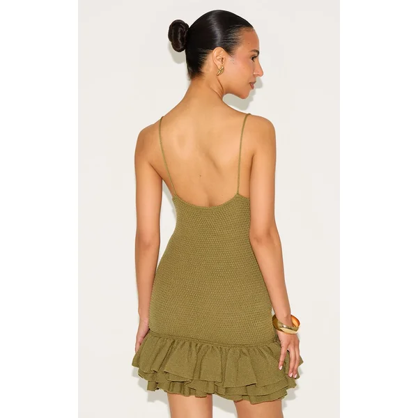 Vert Olive Robe Mini À Bretelles En Maille Avec Ourlet À Volants Petite