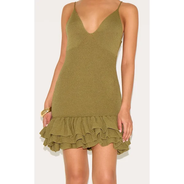 Vert Olive Robe Mini À Bretelles En Maille Avec Ourlet À Volants Petite