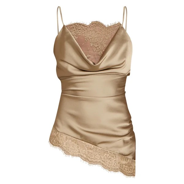 Vert Olive Top Asymétrique En Satin À Col Bénitier Avec Bordure En Dentelle