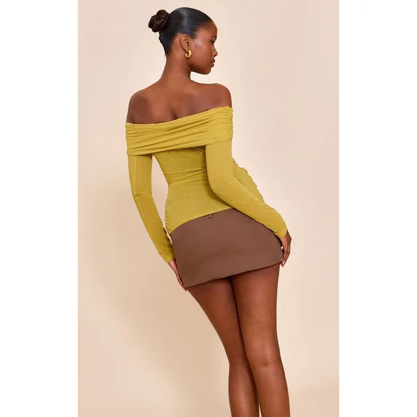 Vert Olive Top À Manches Longues En Mousseline Stretch Avec Détail Bardot Froncé