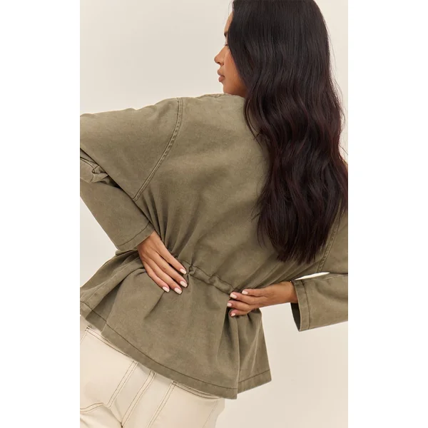 Vert Olive Veste En Jean Cintrée À Col Rond Et Poches Sur Le Devant