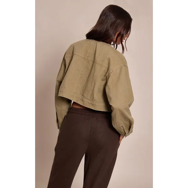 Vert Olive Veste En Jean Courte Sans Col