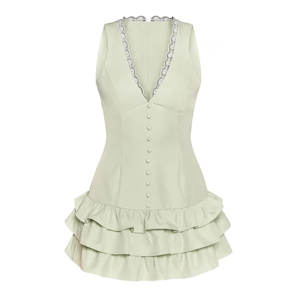 Vert Pâle Robe Courte Boutonnée Tissée Vert Sauge Pâle